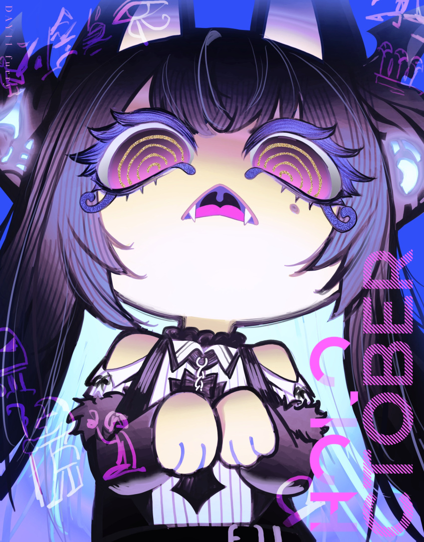1girl, @_@, absurdres, animal_ears, ankha_zone_(meme), black_hair, clothing_cutout, collared_shirt