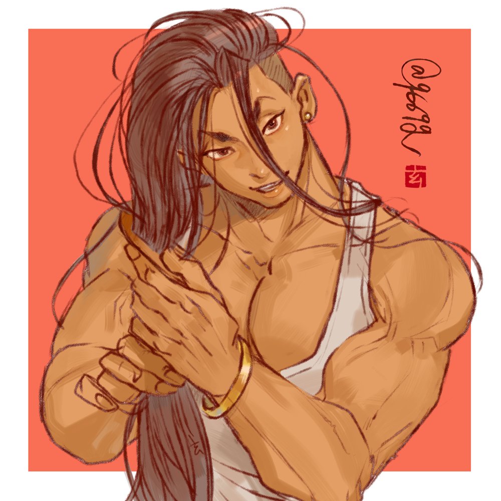 1boy, arms_up, bare_shoulders, black_hair, border, bracelet, brown_eyes, commentary_request