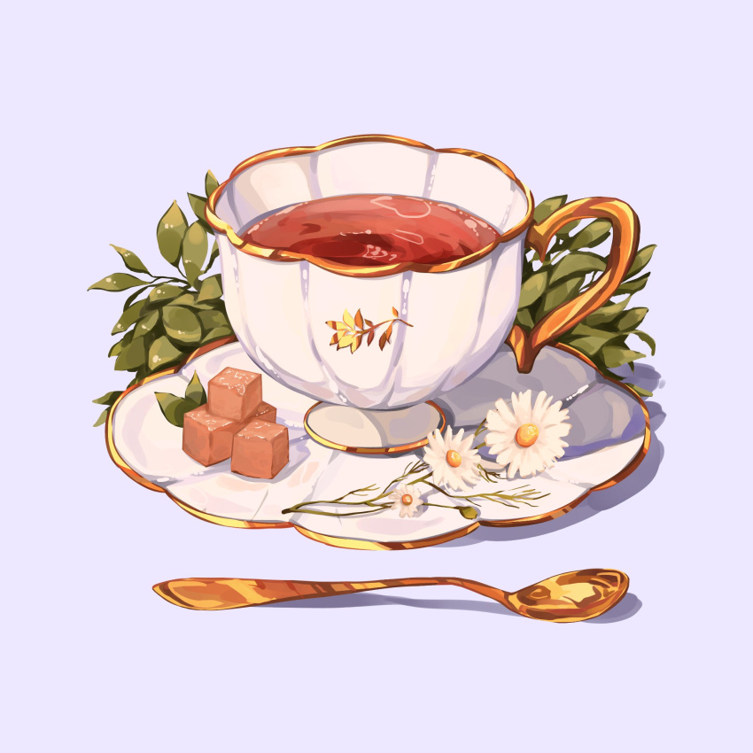 brown_sugar, commentary, cup, english_commentary, flower, food_focus, gold_spoon, gold_trim