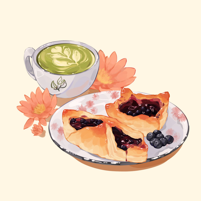 blueberry, blueberry_tart, commentary, cup, english_commentary, floral_print, flower, food