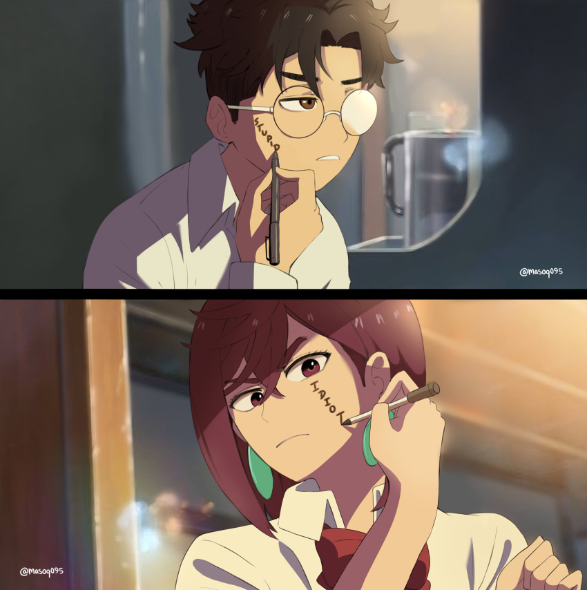 1boy, 1girl, absurdres, artist_name, ayase_momo, black_hair, body_switch, bow, bowtie, brown_eyes, brown_hair, commentary, dandadan, drawing_on_own_face, earrings, glasses, highres, jewelry, kimi_no_na_wa., loose_bowtie, masoq, medium_hair, parody, parted_lips, personality_switch, red_bow, red_bowtie, round_eyewear, school_uniform, shirt, short_hair, takakura_ken_(dandadan)
