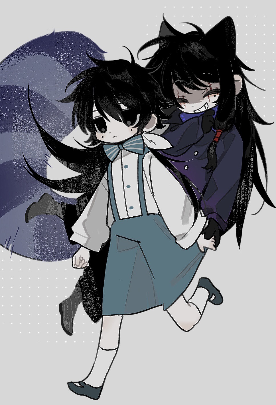 2boys, alice_in_wonderland, animal_ears, black_footwear, black_gloves, black_hair, black_pants, blue_bow
