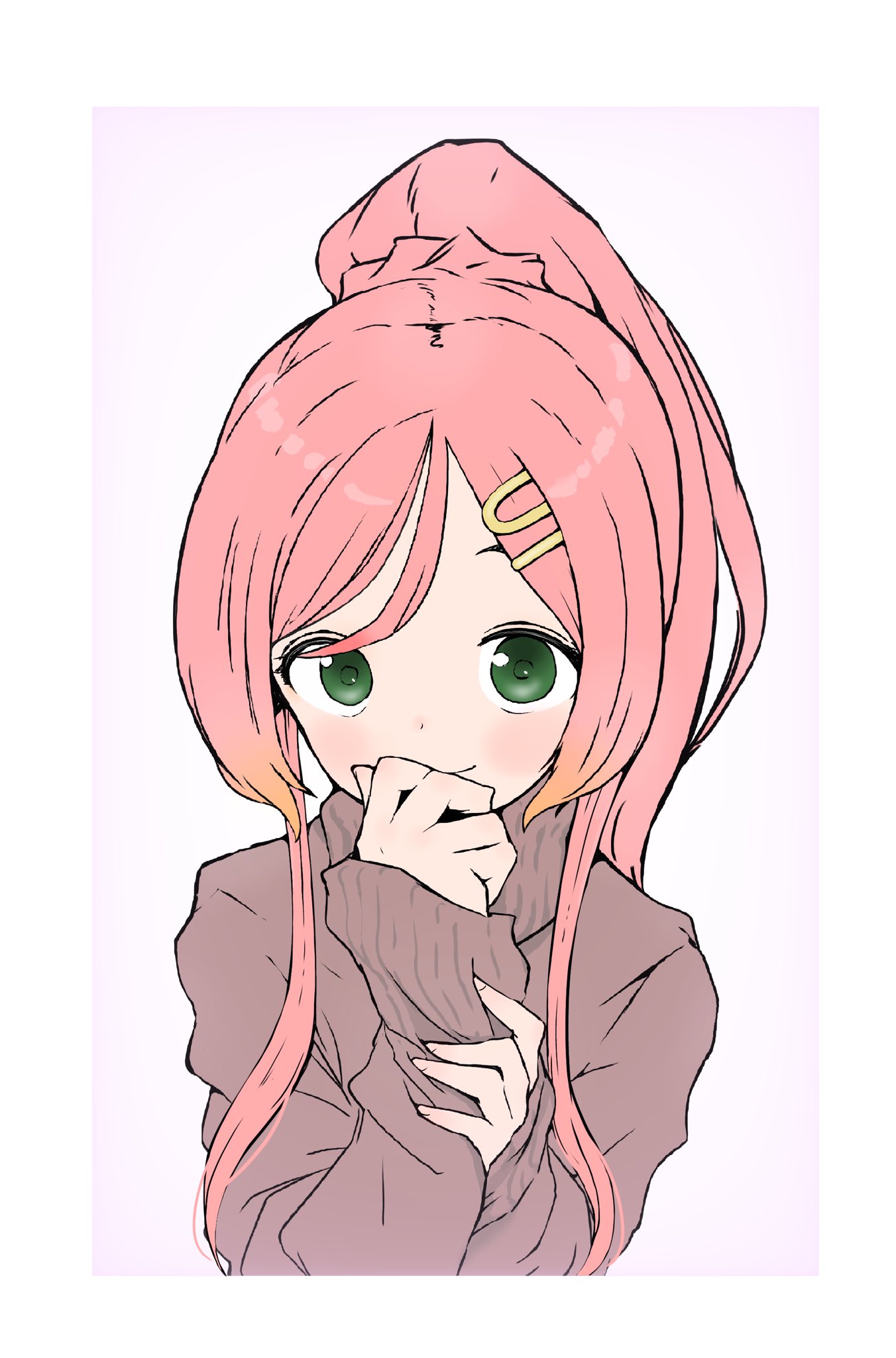 1girl, blush, cottage_project, covering_own_mouth, grabbing_own_arm, green_eyes, gwvyhfodjflq0ie, hand_over_own_mouth