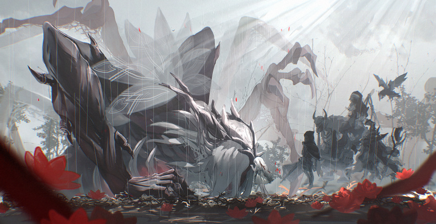 2boys, 4girls, dark_witch_eleine, dress, ender_lilies_quietus_of_the_knights, extra_arms, fake_horns, flower