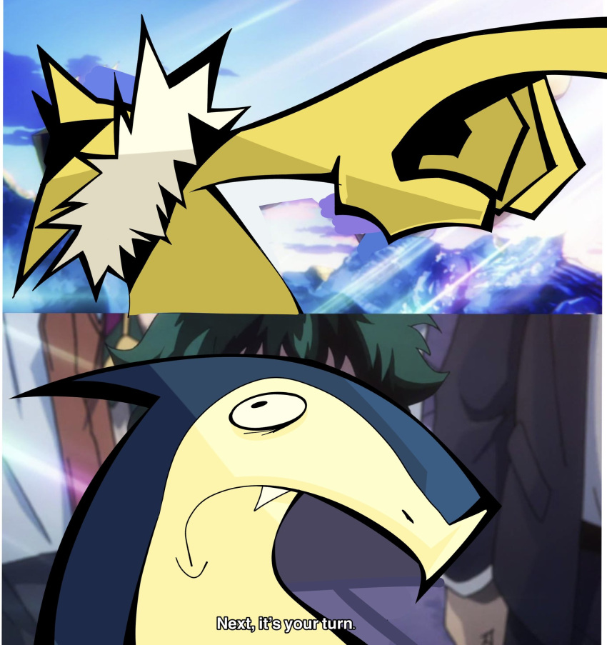 2024_pokemon_teraleak, 2others, body_fur, boku_no_hero_academia, colored_skin, confused, english_text, fang