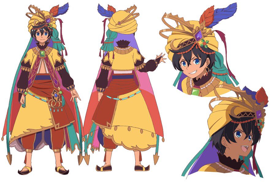 1boy, arabian_clothes, black_footwear, black_hair, blue_eyes, bridal_gauntlets, chaos_aladdin_(grimms_notes), earrings, full_body, gradient_clothes, grimms_notes, grimms_notes_the_animation, grin, hat_feather, holding, jewelry, kawashima_hisashi, male_focus, multiple_views, official_art, open_mouth, pants, pointy_footwear, puffy_pants, red_pants, ring, sash, shawl, sheath, short_hair, smile, solo, teeth, turban, waist_cape