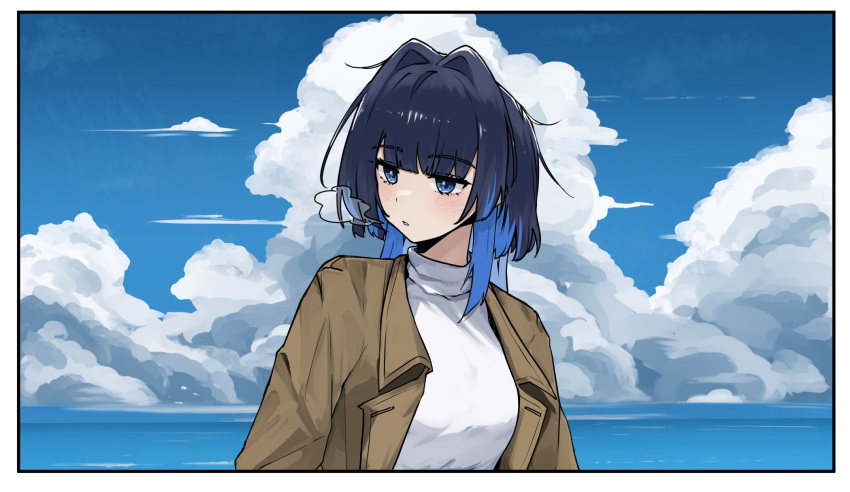 1girl, blue_eyes, blue_hair, brown_coat, clouds, coat, commentary, guwall, hair_intakes, highres, hololive, hololive_english, ocean, ouro_kronii, ouro_kronii_(casual), sweater, symbol-only_commentary, virtual_youtuber, visible_air, white_sweater