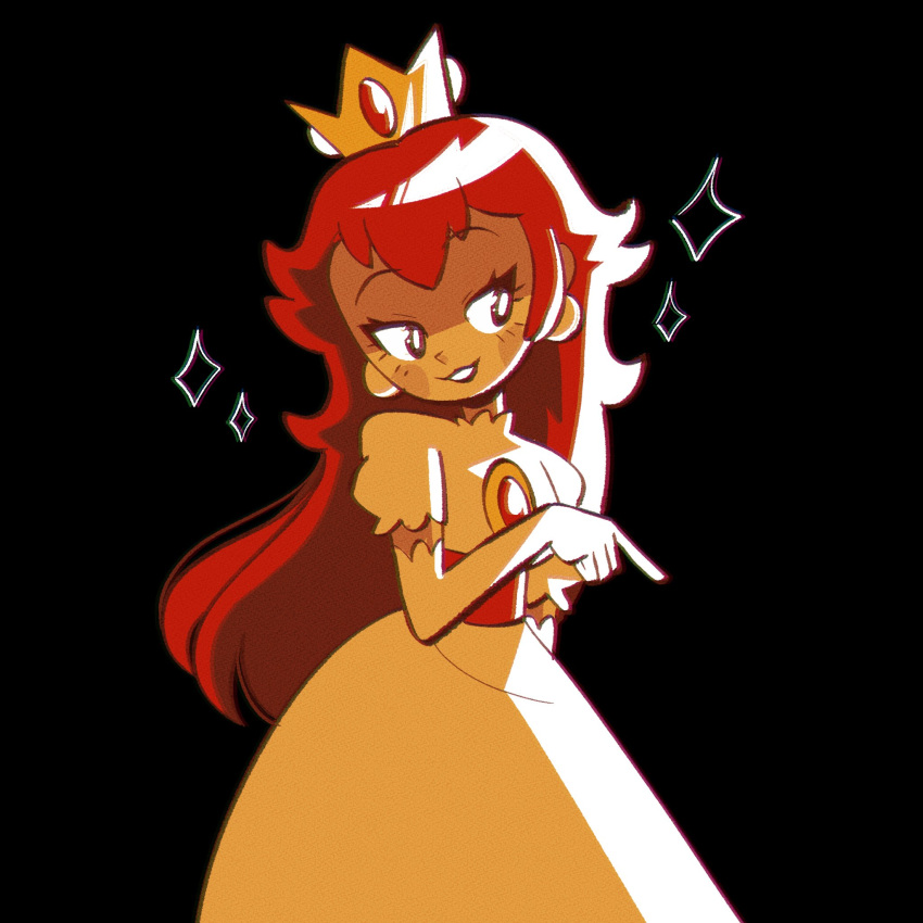 black_background, bright_pupils, crown, dress, gloves, highres, julianvanbores, limited_palette, long_hair, meme, official_alternate_color, parted_lips, princess_peach, princess_toadstool_redraw_(meme), redhead, short_sleeves, simple_background, smile, super_mario_bros., super_mario_bros._1, white_dress, white_gloves, white_pupils