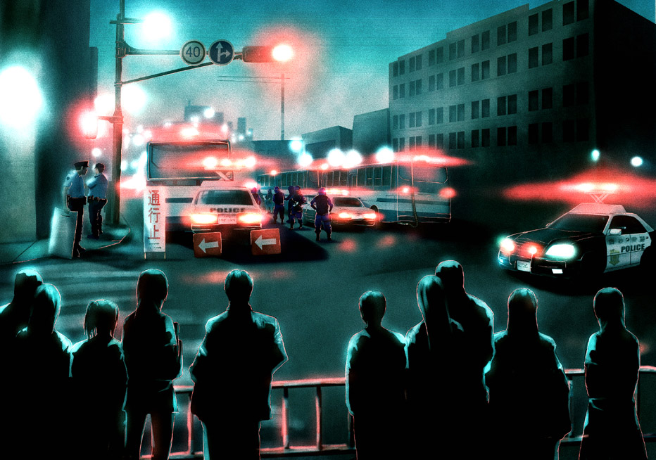 cityscape, commentary, foxhound, night, onibi_(foxhound4185), original, police, police_car