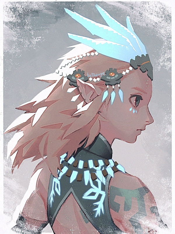 1boy, back_cutout, bare_shoulders, bellhenge, blonde_hair, blue_eyes, clothing_cutout, detached_sleeves