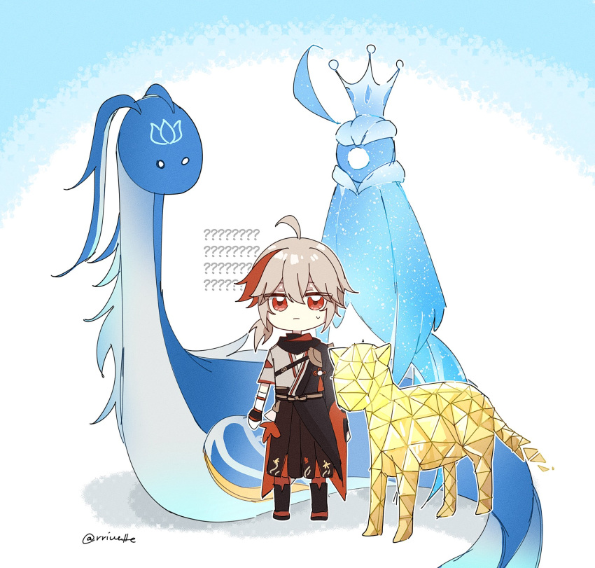 1boy, ?, ??, ahoge, alternate_form, arms_at_sides, chibi, closed_mouth, confused, furina_(genshin_impact), gameplay_mechanics, genshin_impact, grey_hair, hair_between_eyes, highres, japanese_clothes, kaedehara_kazuha, legs_apart, long_hair, looking_at_viewer, multicolored_hair, neuvillette_(dragon)_(genshin_impact), red_eyes, redhead, reiu_(rriuette), standing, twitter_username, two-tone_hair, xilonen_(genshin_impact)