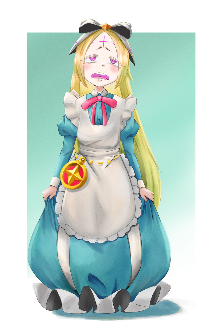1girl, absurdres, apron, blonde_hair, blue_dress, dress, facial_mark, forehead_mark, full_body, hair_ribbon, highres, long_hair, mahou_shoujo_ni_akogarete, miyao385, morino_korisu, neck_ribbon, nero_alice, open_mouth, pink_eyes, pink_ribbon, ribbon, solo, standing, white_apron, white_ribbon