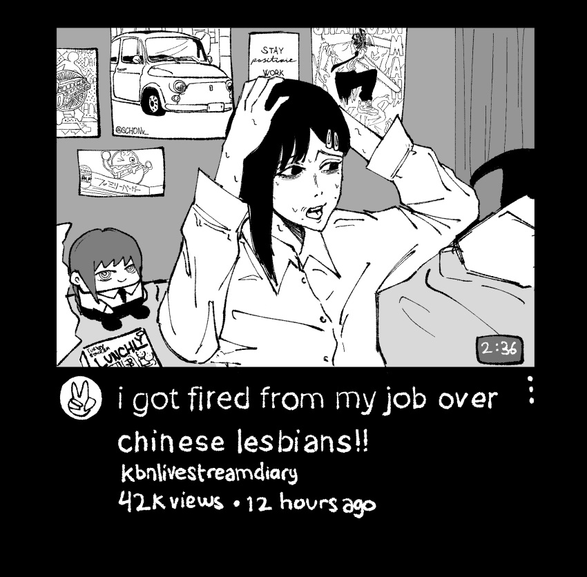 1girl, absurdres, bedroom, chainsaw_man, character_doll, denji_(chainsaw_man), english_text, fake_video