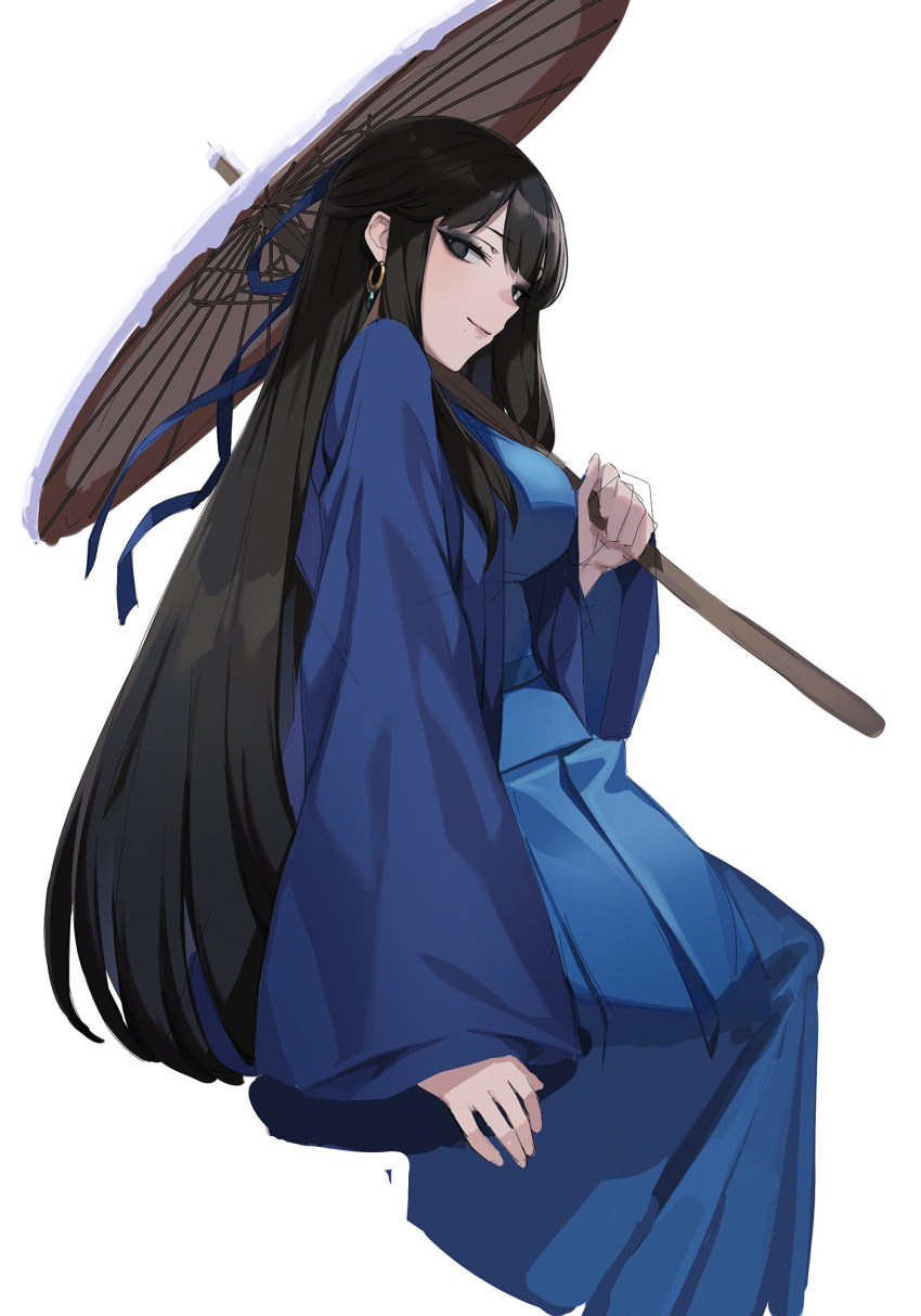 1girl, black_eyes, black_hair, blue_dress, blue_ribbon, breasts, chinese_clothes, closed_mouth, controlline3, dress, earrings, hair_ribbon, highres, holding, holding_umbrella, invisible_chair, jewelry, legend_of_mortal, long_hair, long_sleeves, looking_at_viewer, looking_to_the_side, medium_breasts, oil-paper_umbrella, ribbon, sideways_glance, simple_background, sitting, smile, solo, umbrella, very_long_hair, white_background, wide_sleeves, xiahou_lan