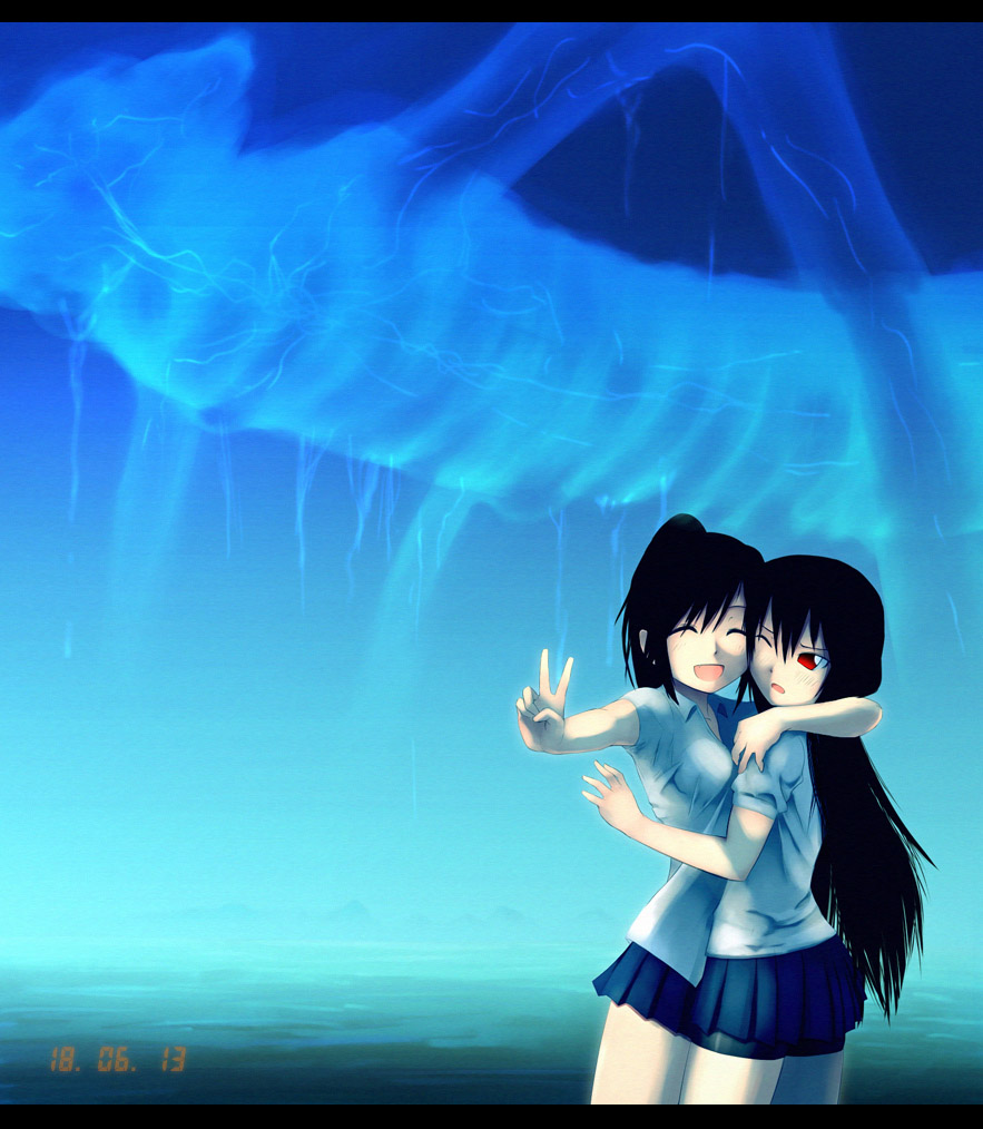 amano_shinobu, amano_tsubaki, bike_shorts, black_hair, commentary, date, dated, foxhound