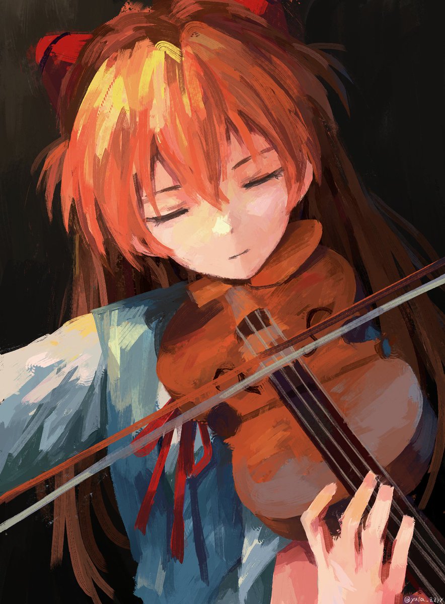 1girl, bad_id, bad_twitter_id, bow_(music), brown_background, closed_eyes, closed_mouth, facing_viewer