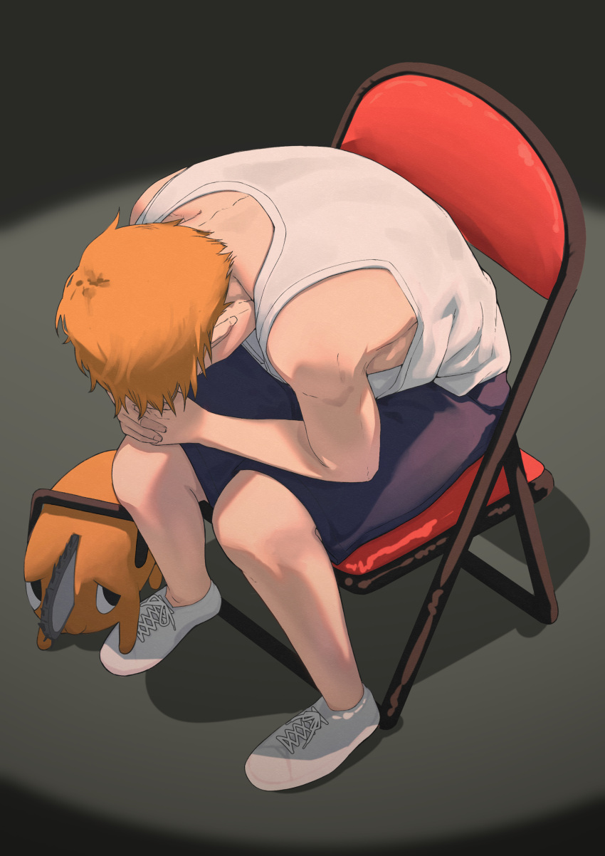 1boy, absurdres, blue_shorts, chainsaw, chainsaw_man, chair, dakaeya, denji_(chainsaw_man), folding_chair, highres, male_focus, meme, on_chair, orange_hair, pochita_(chainsaw_man), shinji_in_a_chair_(meme), short_hair, shorts, sitting, tank_top, white_footwear, white_tank_top