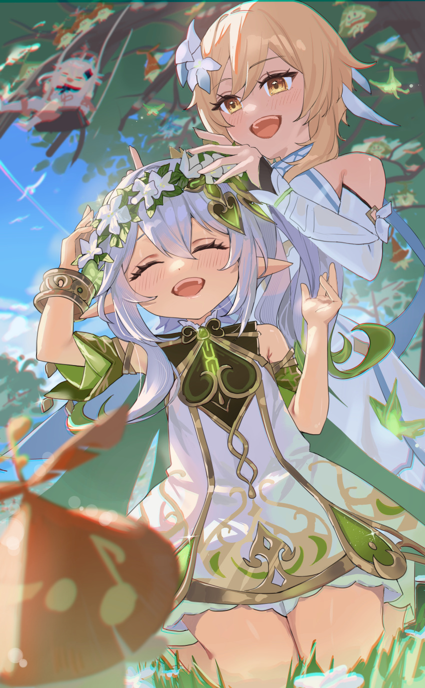 3girls, :d, absurdres, arakavi_(genshin_impact), aralila_(genshin_impact), arama_(genshin_impact), aranakin_(genshin_impact), aranara_(genshin_impact)