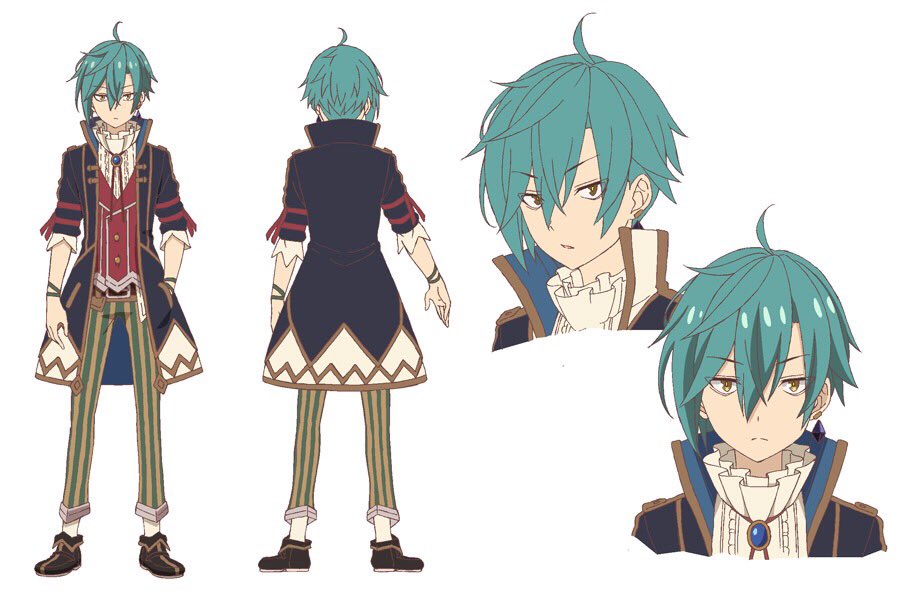1boy, black_footwear, full_body, green_hair, grimms_notes, grimms_notes_the_animation, hand_in_pocket, jewelry, kawashima_hisashi, ludwig_grimm_(grimms_notes), male_focus, multiple_views, official_art, pants, pendant, simple_background, socks, striped_clothes, striped_pants, white_background, white_socks, yellow_eyes