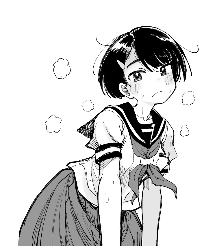 1girl, blush, breast_pocket, breasts, closed_mouth, commentary_request, dot_nose, greyscale