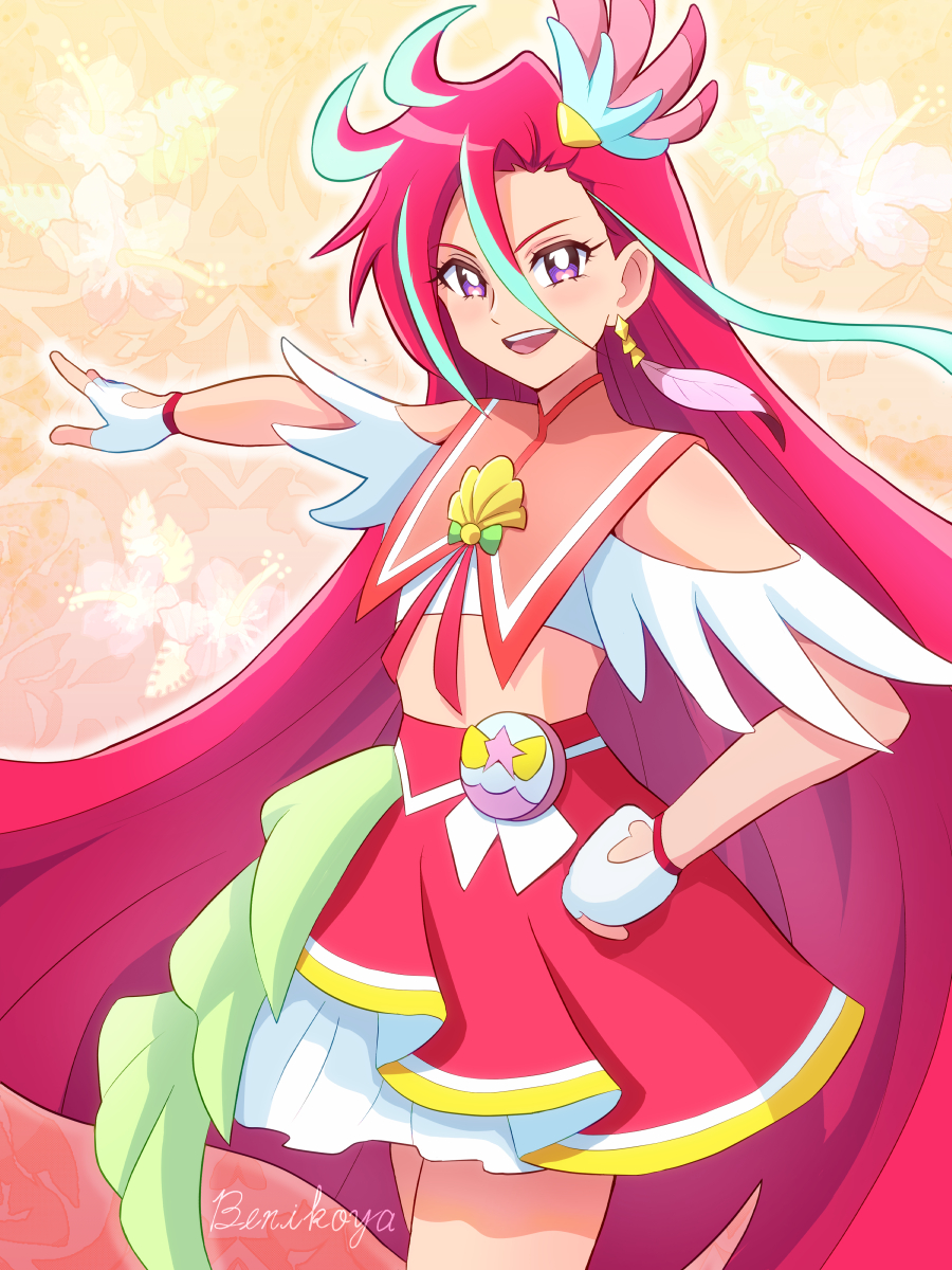 1girl, artist_name, asymmetrical_bangs, benikoya, clothing_cutout, commentary, cowboy_shot, cropped_shirt, cure_flamingo, earrings, feather_earrings, feather_hair_ornament, feathers, fingerless_gloves, gloves, hair_between_eyes, hair_ornament, hand_on_own_hip, highres, jewelry, layered_skirt, long_hair, looking_at_viewer, magical_girl, midriff, miniskirt, open_mouth, pouch, precure, red_sailor_collar, red_skirt, redhead, sailor_collar, shell_brooch, shirt, shoulder_cutout, signature, skirt, smile, solo, standing, tropical-rouge!_precure, very_long_hair, violet_eyes, white_gloves, white_shirt