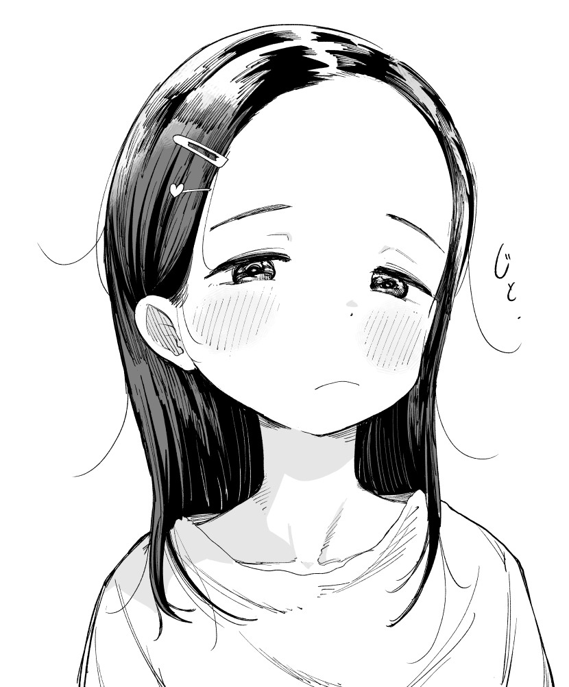 1girl, :<, blush, closed_mouth, collarbone, commentary_request, forehead, greyscale