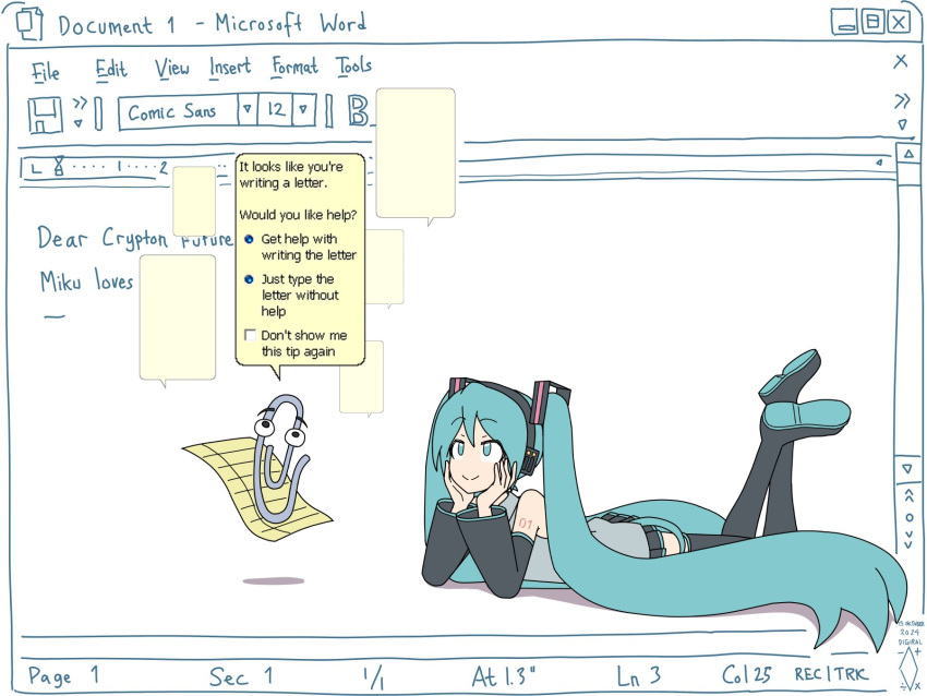 1girl, aqua_eyes, aqua_hair, artist_logo, artist_name, black_footwear, black_skirt, black_sleeves, boots, clippy, collared_shirt, commentary, dated, digiral, english_commentary, english_text, feet_up, grey_shirt, hair_ornament, hands_on_own_cheeks, hands_on_own_face, hatsune_miku, headphones, highres, long_hair, long_sleeves, lying, microsoft, microsoft_office, microsoft_word, miniskirt, number_tattoo, office_assistant, on_stomach, pleated_skirt, shirt, skirt, sleeveless, sleeveless_shirt, solo, tattoo, the_pose, thigh_boots, twintails, very_long_hair, vocaloid, white_background, wide_sleeves, window_(computing), zettai_ryouiki