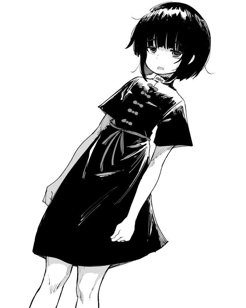 1girl, arms_at_sides, bags_under_eyes, bow, commentary_request, cowboy_shot, dress, dress_bow