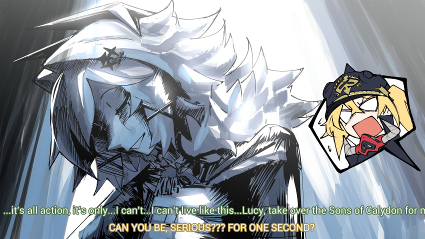 2girls, ashita_no_joe, black_helmet, blank_eyes, blonde_hair, caesar_king_(zenless_zone_zero), closed_eyes, combat_helmet