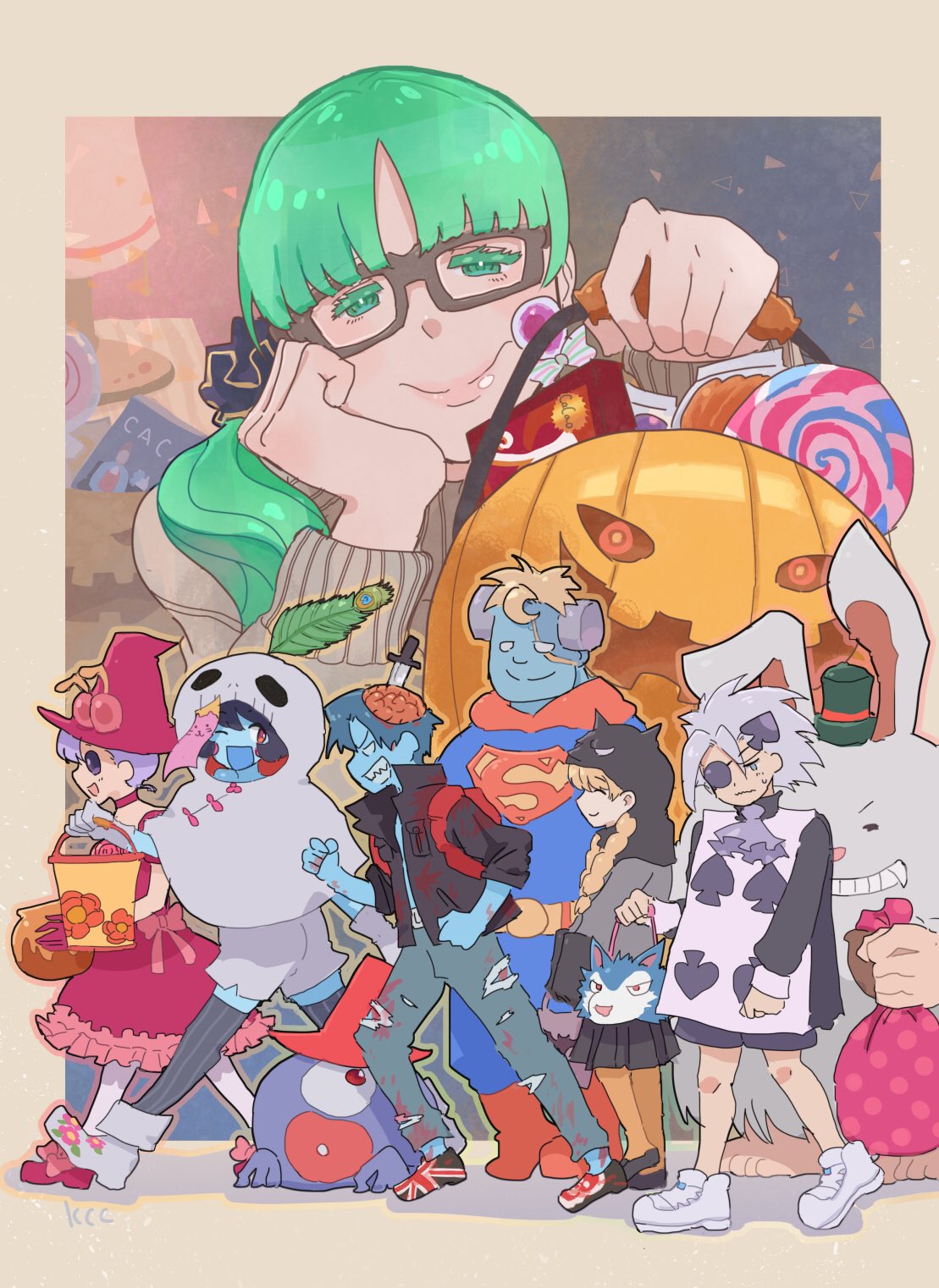3girls, animal, black_hair, blonde_hair, blue_skin, candy, colored_skin, cosplay, dancing_zundoko, darkstalkers, demitri_maximoff, denim, dress, emily_von_gerdenheim, eyepatch, food, ghost, ghost_costume, glasses, green_eyes, green_hair, halloween, halloween_bucket, halloween_costume, hat, highres, hood, hsien-ko, jack-o'-lantern, jacket, jeans, jon_talbain, le_malta, long_hair, long_sleeves, looking_at_viewer, lord_raptor, multiple_boys, multiple_girls, pants, purple_hair, q-bee, round_eyewear, sasquatch, shirt, shoes, short_hair, smile, sneakers, superman, torn_clothes, torn_jeans, torn_pants, victor_von_gerdenheim, werewolf, white_hair, witch_hat