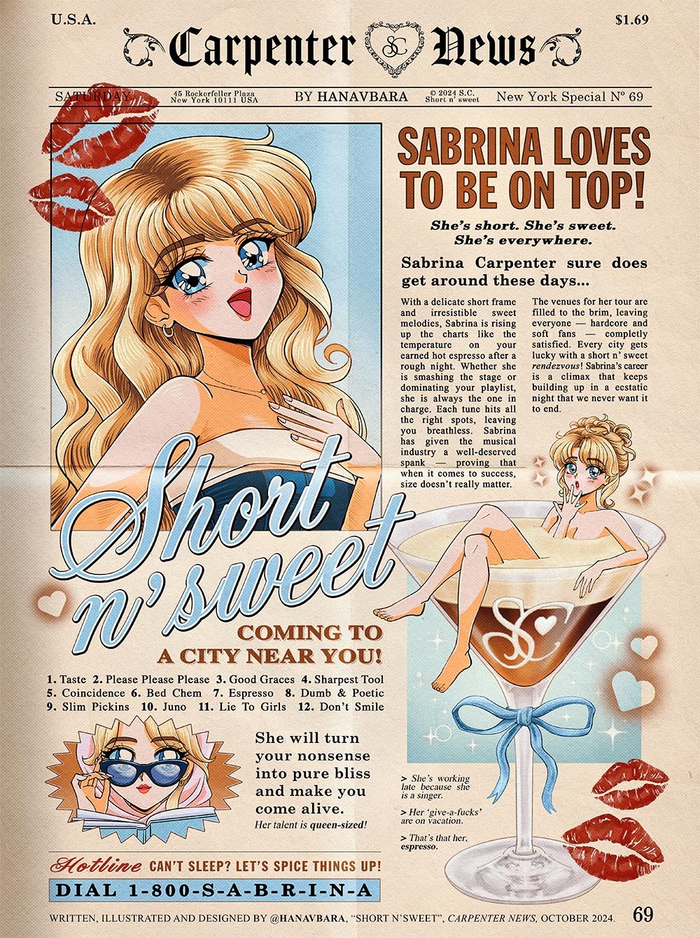 1girl, :o, adjusting_eyewear, artist_name, blonde_hair, blue_eyes, cocktail_glass, commentary