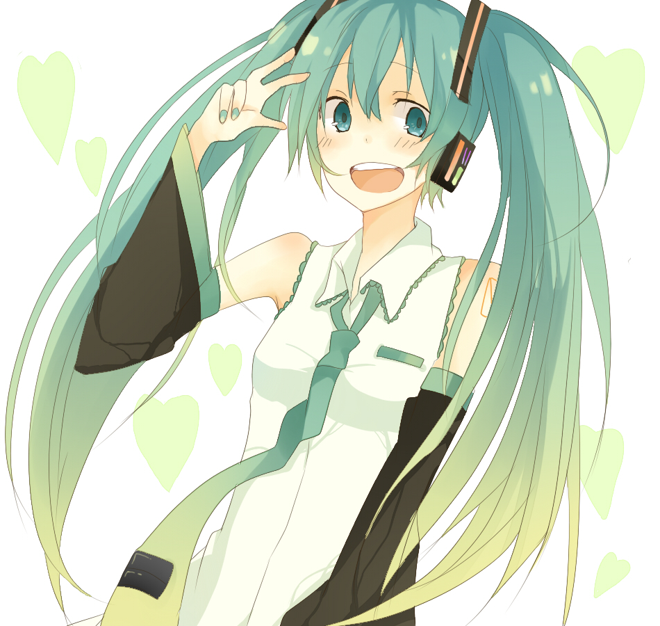 ??, bad_id, blue_eyes, blue_hair, hair_ornament, hatsune_miku, long_hair, miku, mono_(recall), necktie, peace, smile, twintails, v, vocaloid, ã£æ’â¢ã£æ’å¾
