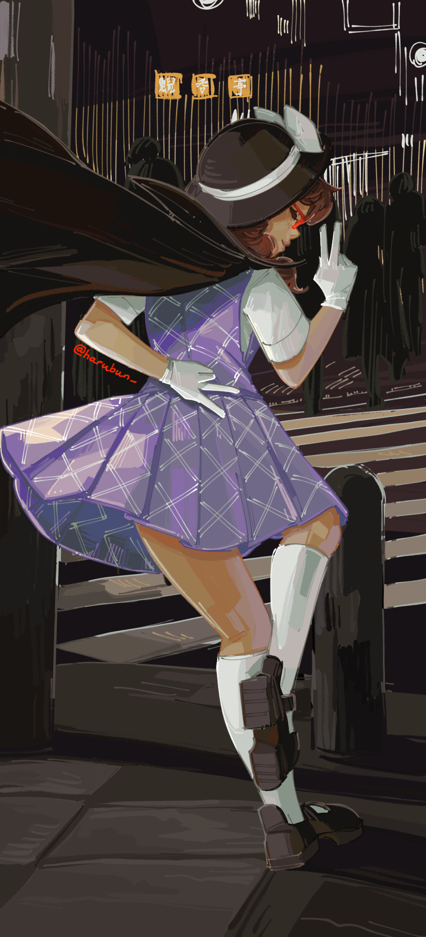 1girl, absurdres, arm_behind_back, back, black_cape, black_footwear, black_hat, bow