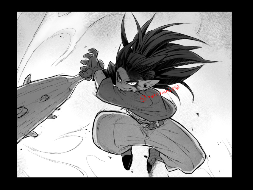 1boy, antenna_hair, belt, black_border, blood, blood_on_face, bone_necklace, boots, border, clenched_teeth, club_(weapon), commentary_request, dirty, dirty_clothes, dirty_face, dragon_quest, dragon_quest_builders_2, fangs, floating_clothes, floating_hair, greyscale, holding, holding_club, holding_weapon, incoming_attack, jewelry, kasiwamoti11, looking_at_viewer, low_ponytail, male_focus, monochrome, motion_lines, necklace, open_clothes, open_shirt, pointy_ears, sidoh_(dqb2), solo, spiked_club, spiky_hair, teeth, tooth_necklace, twitter_username, weapon