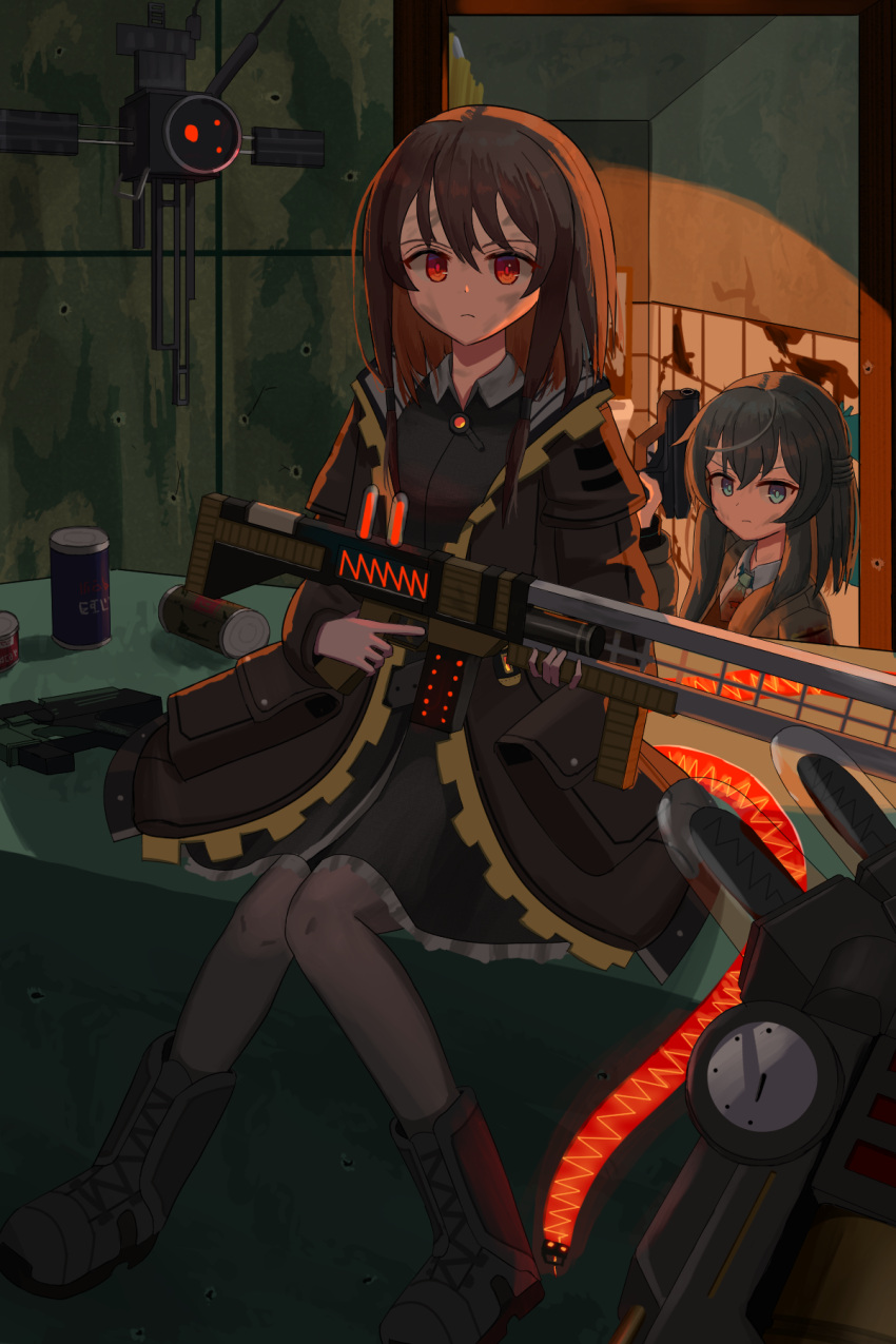 blue_eyes, boots, breasts, closed_mouth, drone, gun, hair_between_eyes, hair_ornament, handgun, highres, jacket, kdm_(user_fxsj3488), looking_at_viewer, medium_breasts, medium_hair, pantyhose, red_eyes, sitting, snezhinka:_sentinel_girls_2, snezhinka_(marfusha), trigger_discipline, weapon, zvyozdochka_(marfusha)