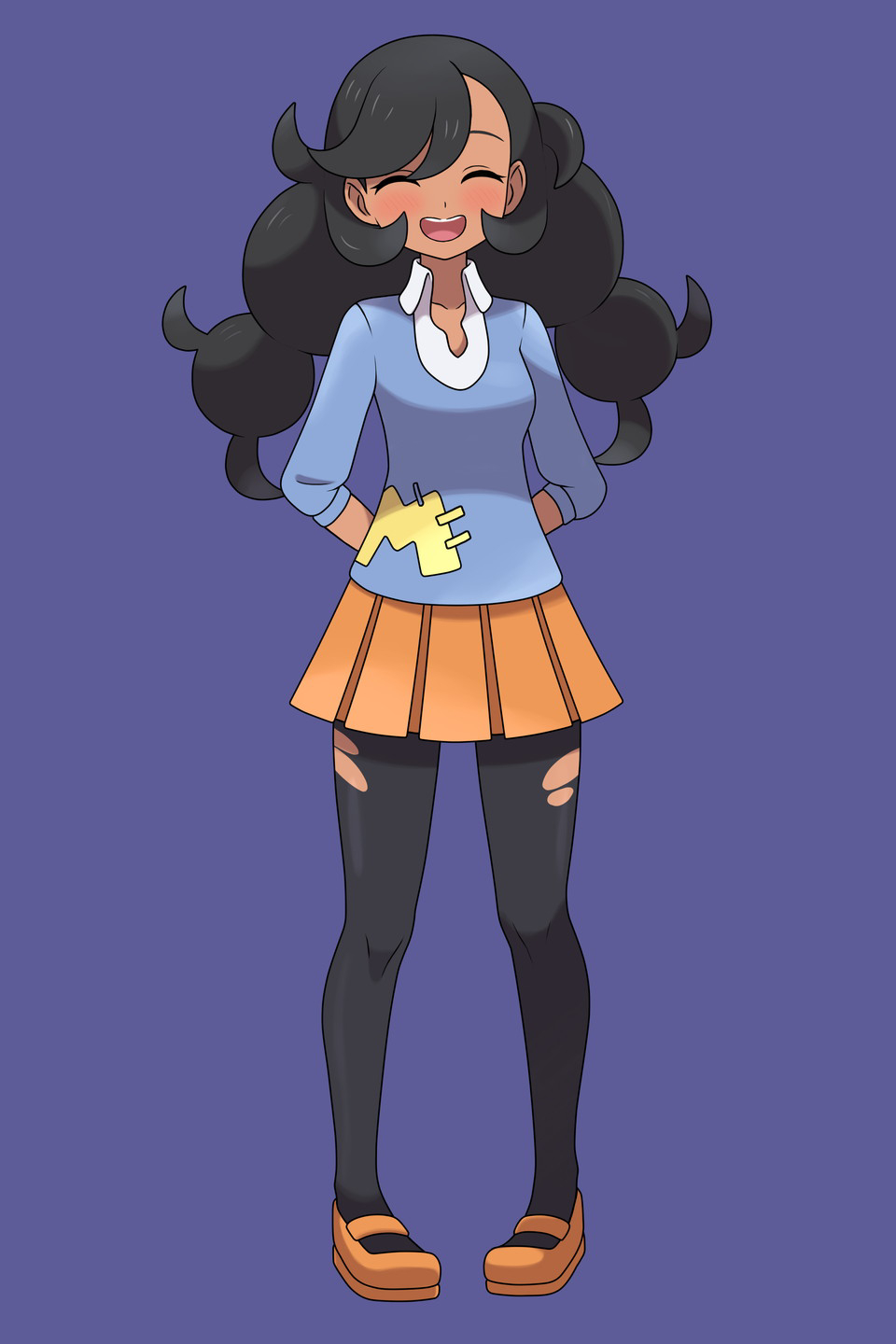1girl, :d, arms_behind_back, asatsuki_(fgfff), black_hair, black_pantyhose, blue_sweater, closed_eyes