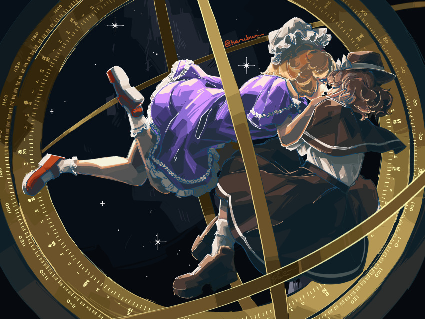 2girls, absurdres, armillary_sphere, black_capelet, black_footwear, black_hat, black_skirt, blonde_hair