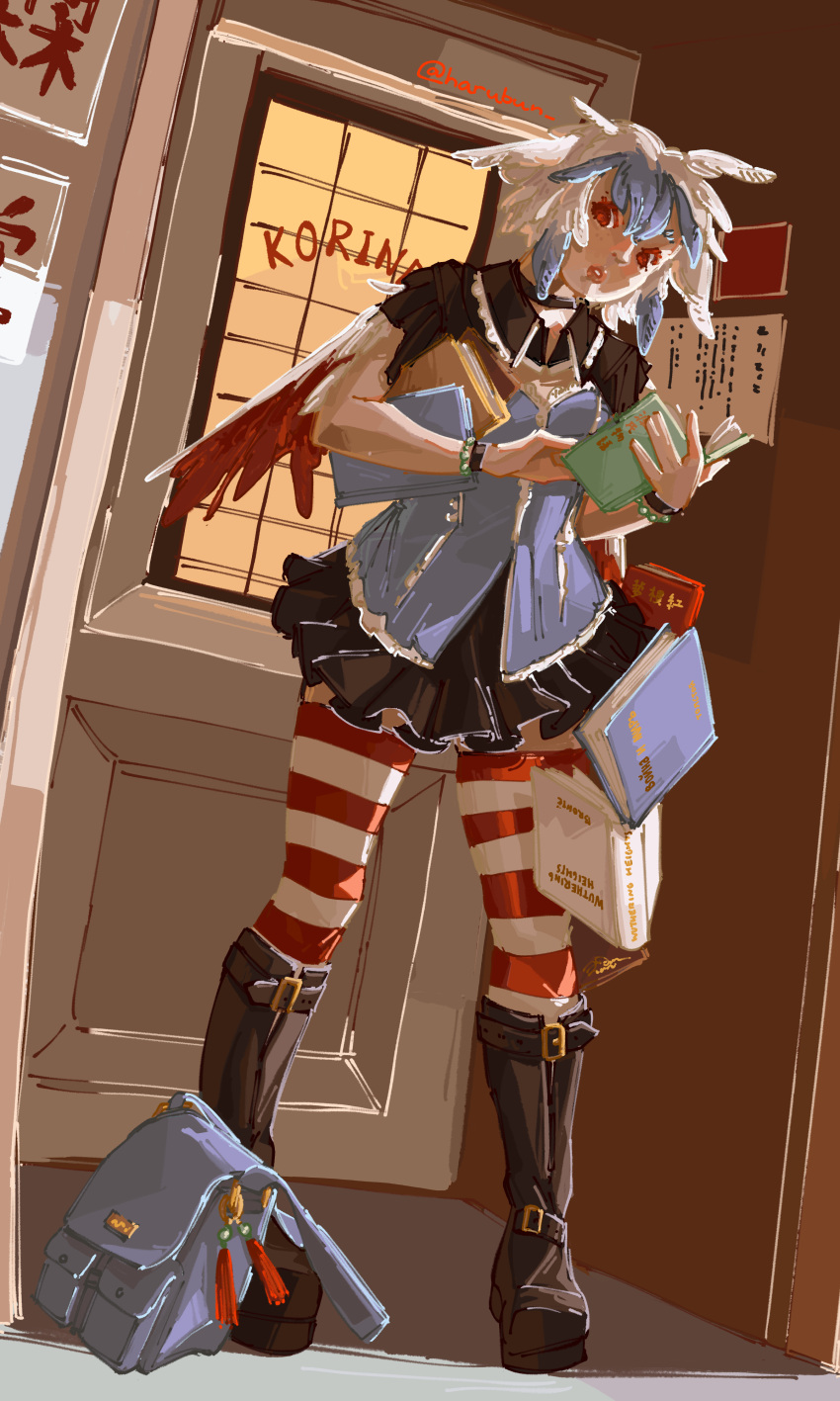 1girl, absurdres, adapted_costume, bag, black_skirt, blue_bag, blue_hair, book