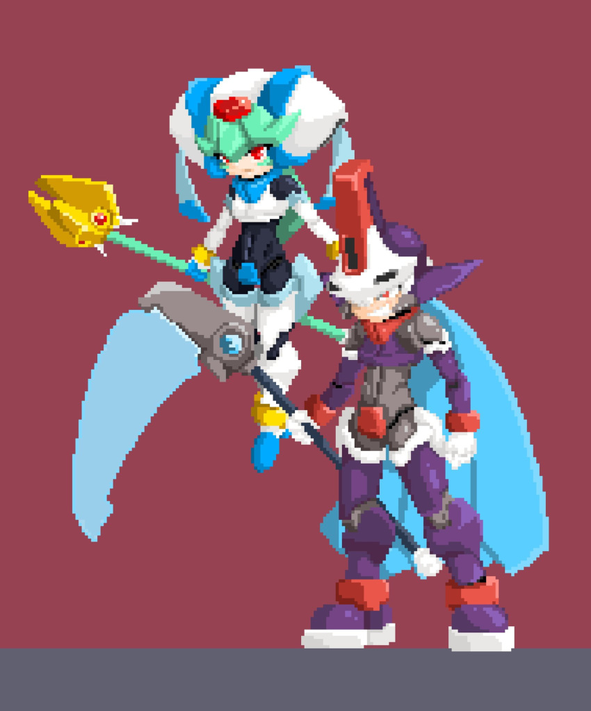 1boy, 1girl, armor, brother_and_sister, brown_background, crotch_plate, floating, forehead_jewel, full_body, helmet, highres, holding, holding_scythe, holding_staff, mega_man_(series), mega_man_zx, midair, model_w_(mega_man), pandora_(mega_man), pixel_art, power_armor, prometheus_(mega_man), purple_armor, purple_helmet, scythe, siblings, simple_background, skull-shaped_hat, staff, white_armor, white_helmet, yohaku_(mynameisyohaku)