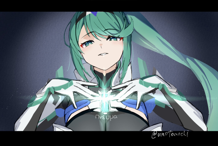 1girl, armor, breasts, character_request, chest_jewel, core_crystal_(xenoblade), green_eyes, green_hair