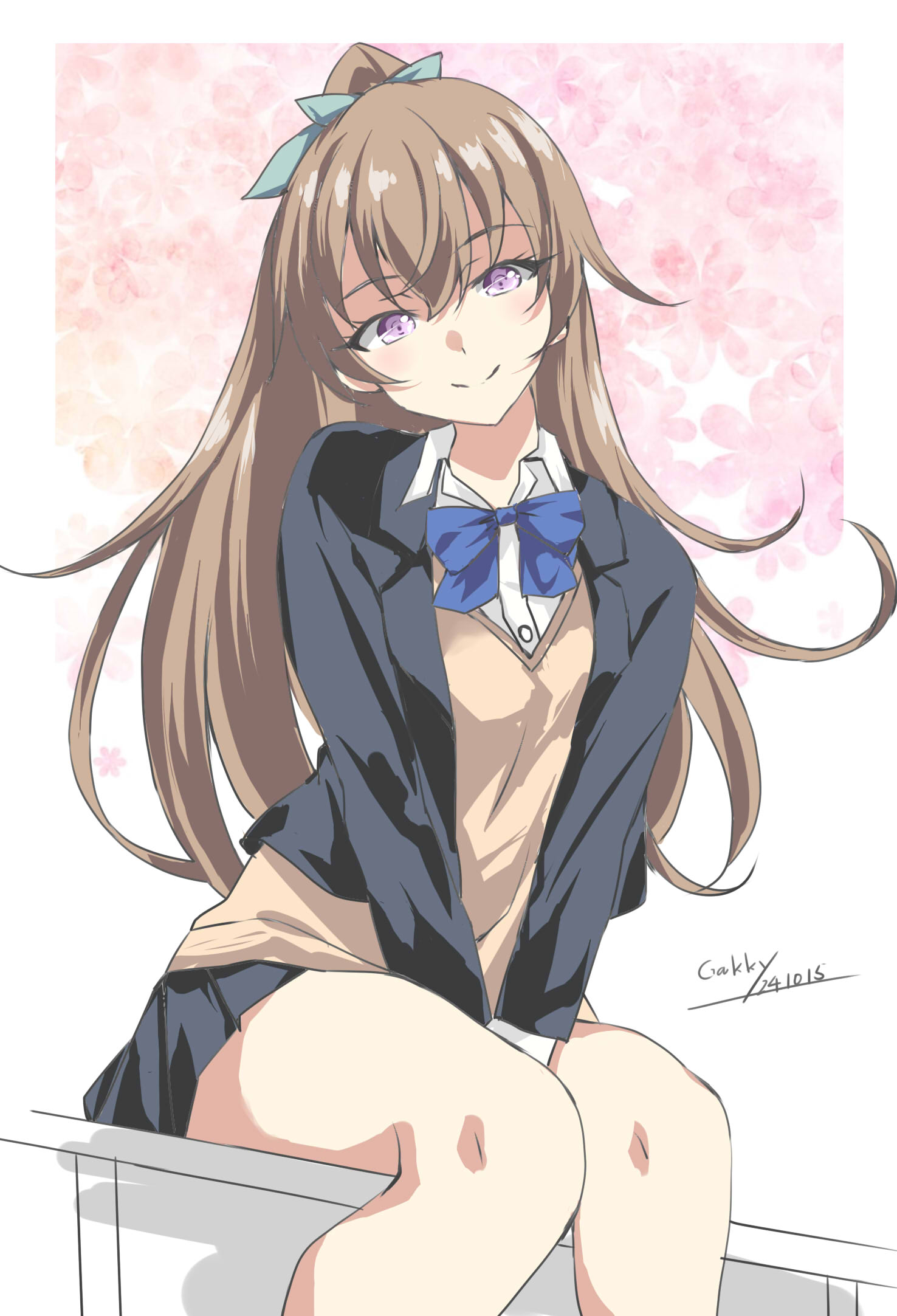 alternate_costume, artist_name, black_jacket, black_skirt, blazer, blue_bow, blue_bowtie, bow