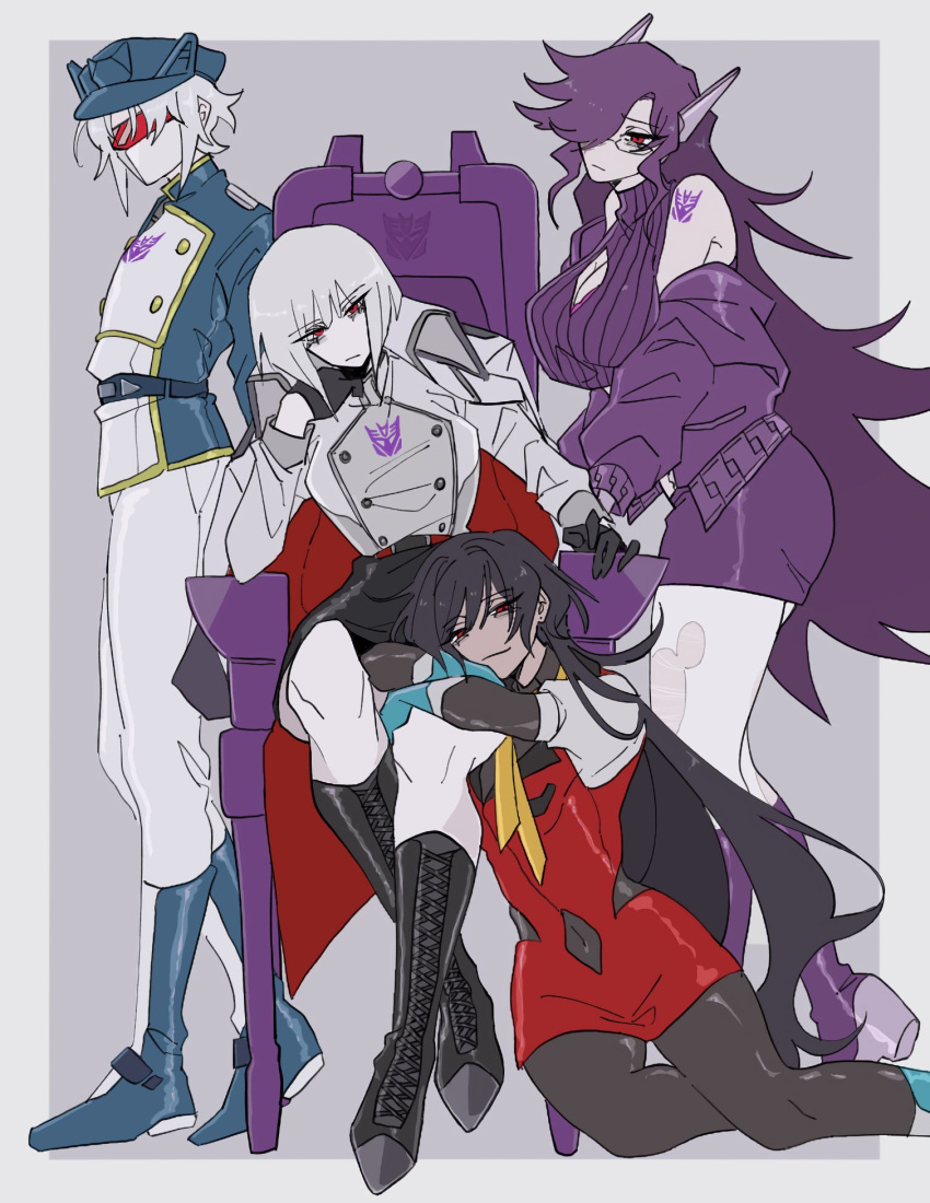 4girls, 580aoi, boots, breasts, chair, dark_skin, decepticon, dress