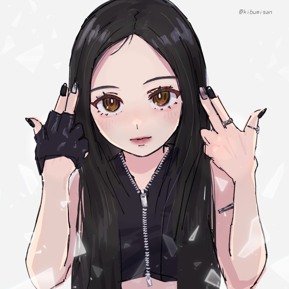 1girl, animification, black_hair, black_nails, black_shirt, blush, bright_pupils, brown_eyes