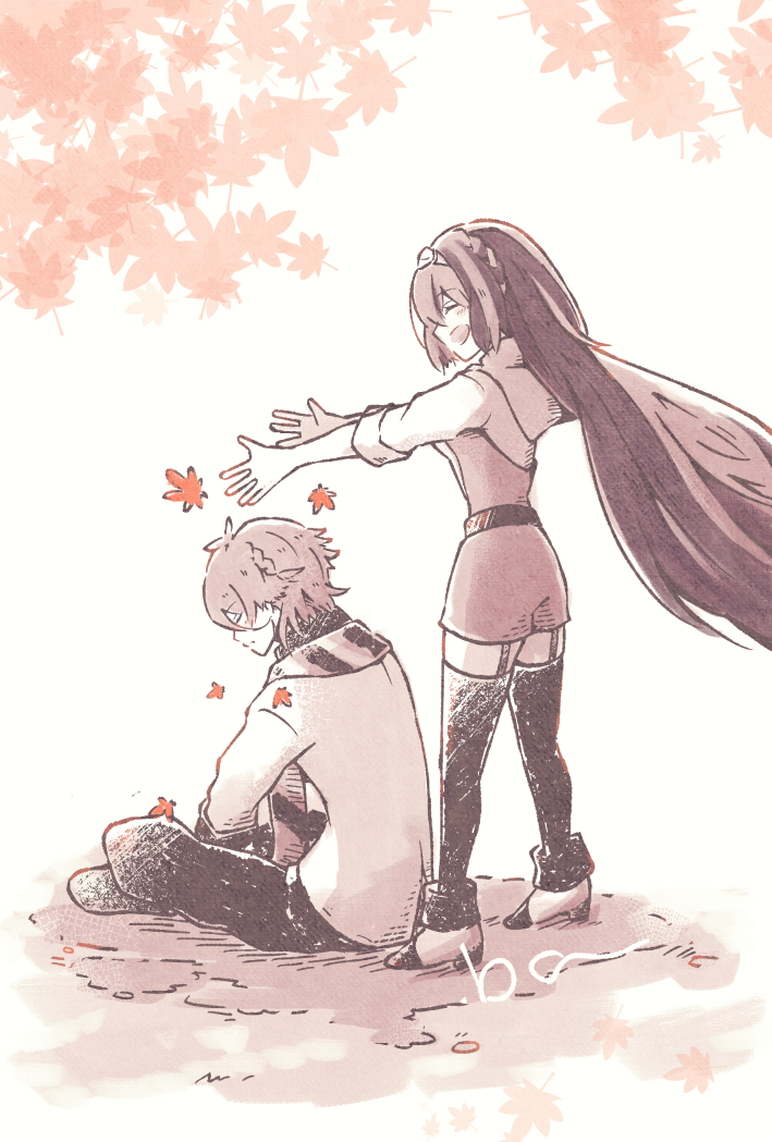 1boy, 1girl, ^_^, alear_(female)_(fire_emblem), alear_(fire_emblem), autumn_leaves, black_thighhighs, closed_eyes