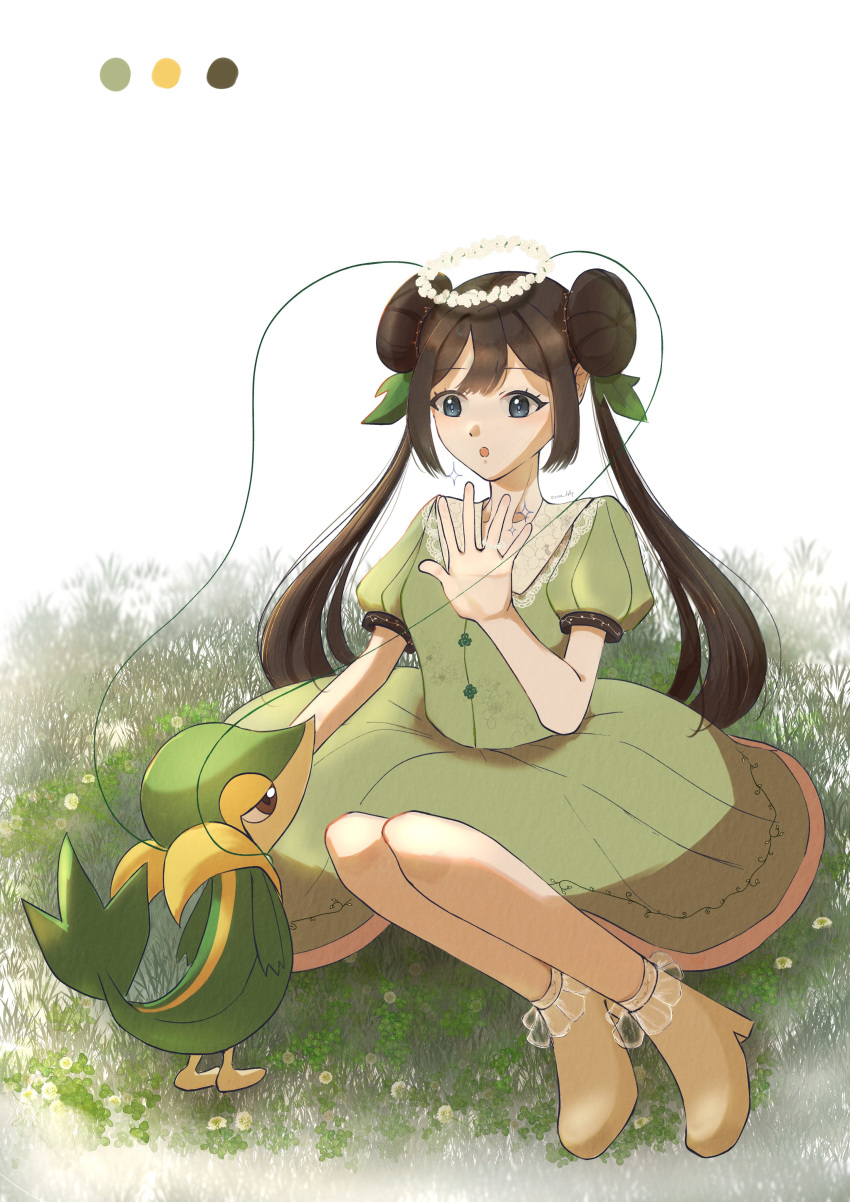 1girl, :o, absurdres, alternate_costume, blue_eyes, brown_hair, double_bun, dress, eyelashes, grass, green_dress, hair_bun, hair_ornament, hand_up, head_wreath, high_heels, highres, jewelry, leaf_hair_ornament, long_hair, on_grass, open_mouth, pokemon, pokemon_(creature), pokemon_bw2, puffy_short_sleeves, puffy_sleeves, ring, rosa_(pokemon), short_sleeves, simple_background, sitting, snivy, sparkle, star_dr0p, twintails, twitter_username, white_background, yellow_footwear