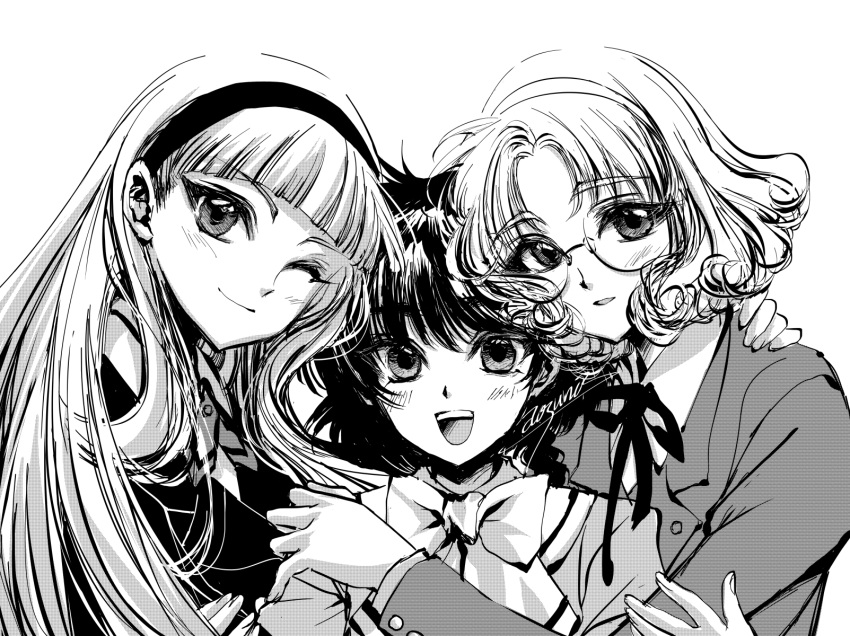 3girls, aosuna, arm_around_shoulder, blazer, blunt_bangs, blush, bow, bowtie