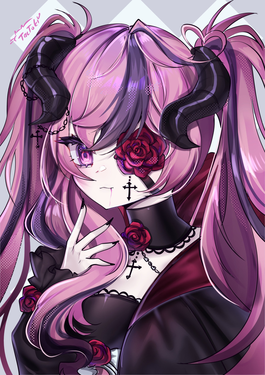 1girl, absurdres, black_choker, black_dress, black_nails, choker, demon_girl, demon_horns