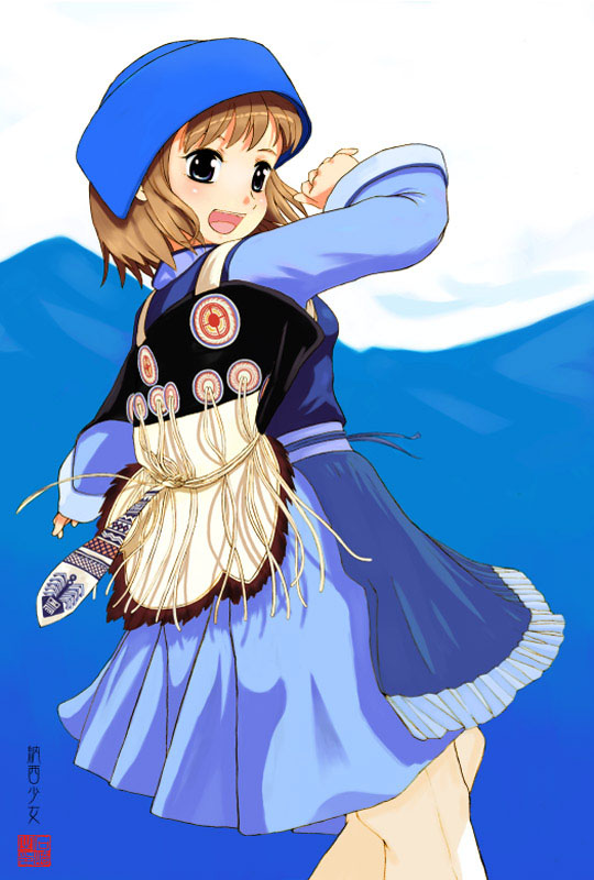 1girl, apron, backpack, bag, blue_dress, blue_hat, brown_hair, chinese_clothes, commentary_request, dress, hat, ishizaki_yuki, looking_at_viewer, medium_hair, mountainous_horizon, naxi_clothes, original, smile, solo, waist_apron