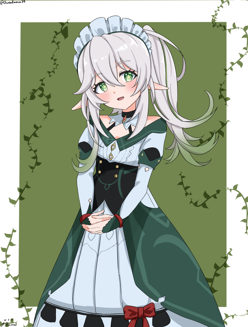 1girl, absurdres, adapted_costume, blush, border, bow, commentary, cosplay