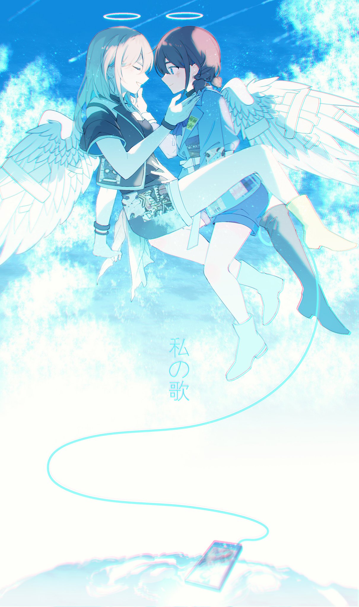 2girls, angel, angel_wings, black-footed_cat, black_jacket, black_shirt, black_shorts, blue_eyes